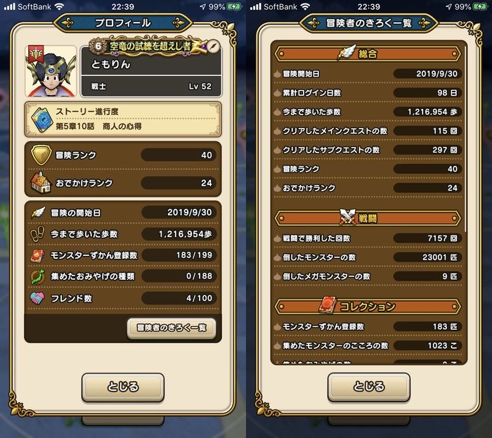 ドラクエウォークダイエット実践65日目でゴールした際のパラメーター