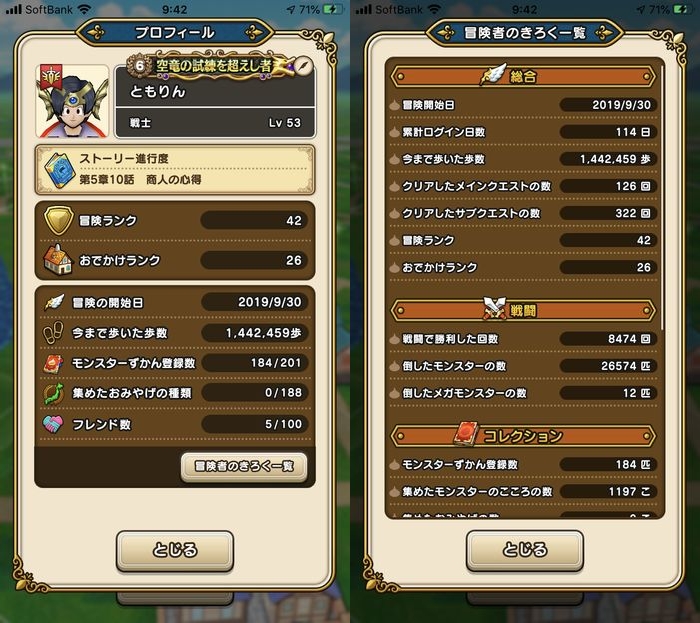 ドラクエウォークダイエット実践76日目にゴールした際のパラメータ