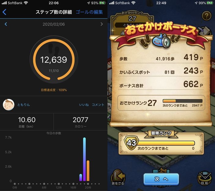 ドラクエウォークダイエット実践87日目の歩数と回復スポットに触った回数